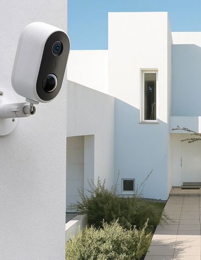 Caméra extérieure connectée installée pour surveiller l’allée d’une résidence.